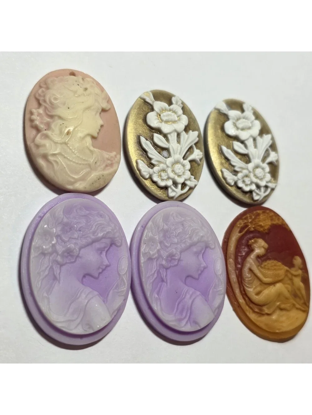 Lot of 6 Large Vintage Style Lady Floral Cameo Cabochons Resin Mixed Colors EUC